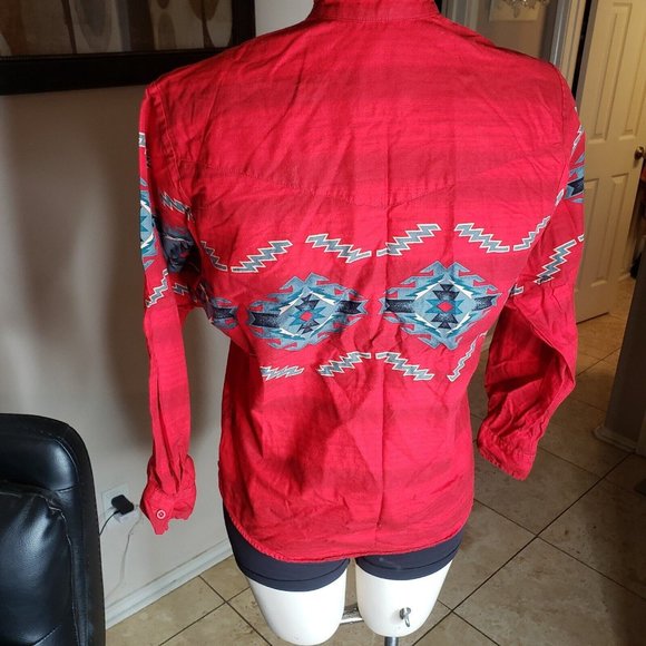 EUC Roper Western Shirt - Aztec Symbols on Muted Red Stripes - Women Size Small - Picture 7 of 9